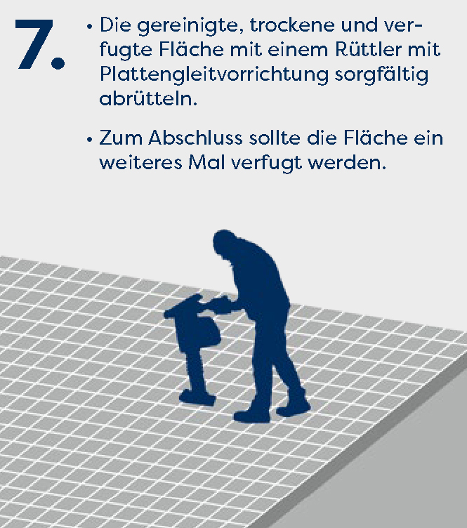 Einbauempfehlung Schritt 7: Gereinigte, trockene und verfugte Pflasterfläche mit einem Rüttler mit Plattengleitvorrichtung abrütteln und anschließend erneut verfugen