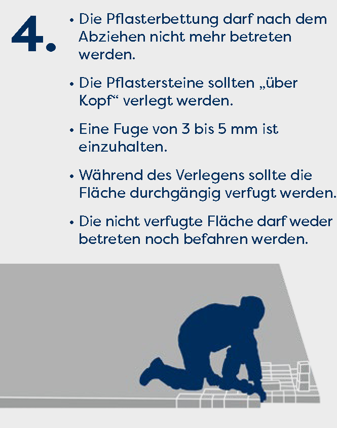 Einbauempfehlung Schritt 4: Pflasterbettung nach dem Abziehen nicht betreten, Pflastersteine mit 3 bis 5 mm Fugen verlegen und die Fläche fortlaufend verfugen